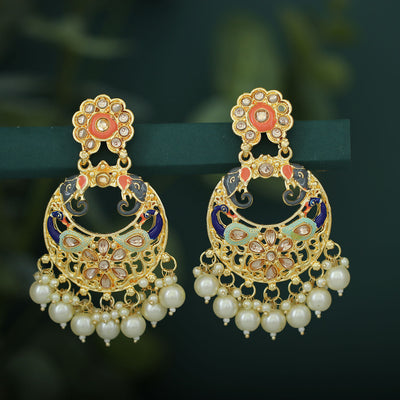 Sukkhi Traditional Pearl Gold plated Peacock Meenakari Chandbali Earring For Women