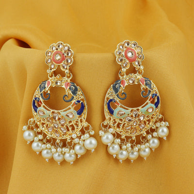 Sukkhi Traditional Pearl Gold plated Peacock Meenakari Chandbali Earring For Women