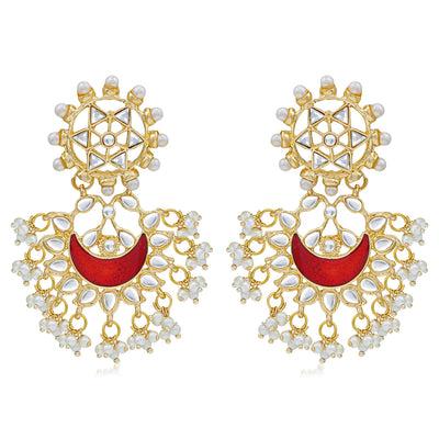 Sukkhi Designer Pearl Gold Plated Kundan Meenakari Chandbali Earring For Women