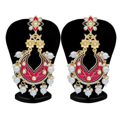 Sukkhi Marvellous Pearl Gold Plated Kundan Meenakari Chandelier Earring For Women