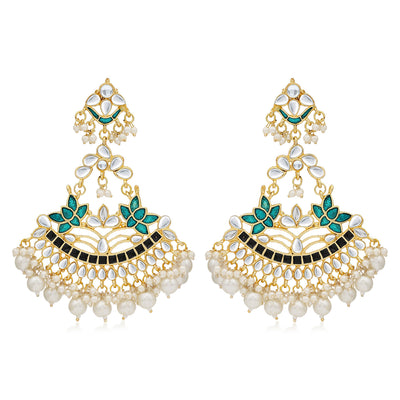 Sukkhi Spectacular Pearl Gold Plated Kundan Lotus Meenakari Chandelier Earring For Women