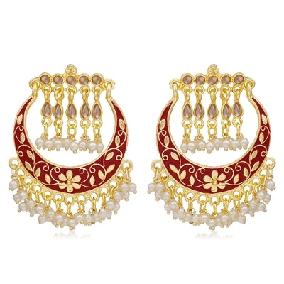 Sukkhi Lavish Pearl Gold Plated Floral Meenakari Chandbali Earring For Women