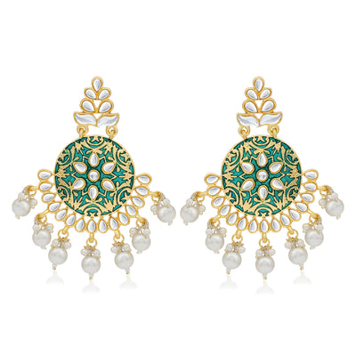 Sukkhi Stylish Pearl Gold Plated Kundan Meenakari Chandelier Earring For Women