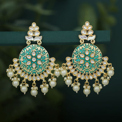 Sukkhi Stylish Pearl Gold Plated Kundan Meenakari Chandelier Earring For Women