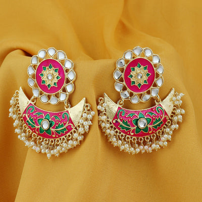 Sukkhi Incredible Pearl Gold Plated Kundan Floral Meenakari Chandbali Earring For Women