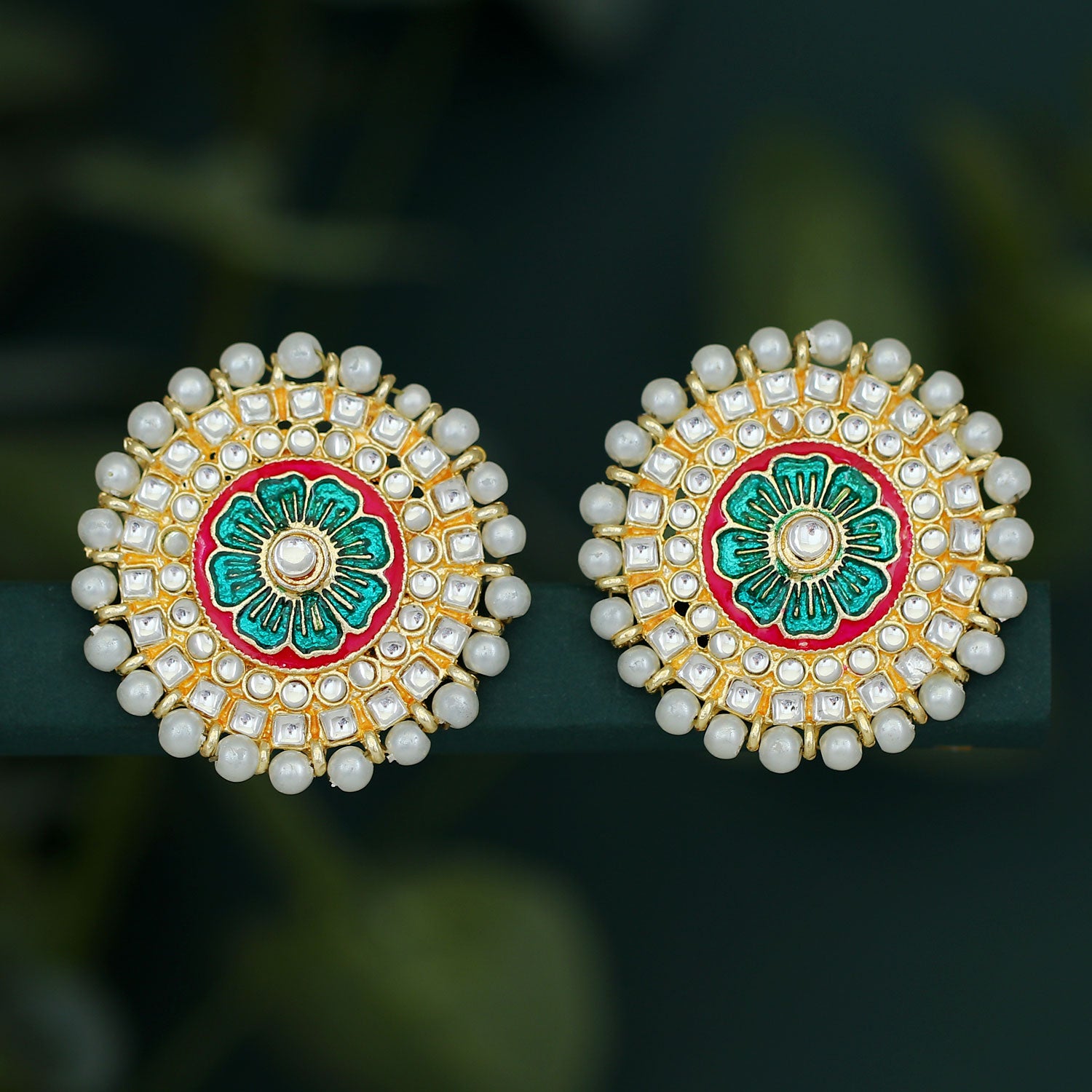 Kundan and Meenakari Traditional Studs - Traditional Big Stud Earrings –  Niscka