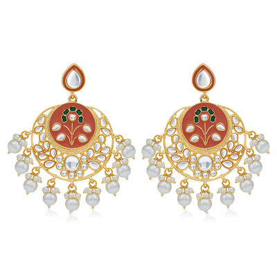 Sukkhi Attractive Pearl Gold Plated Kundan Meenakari Chandbali Earring For Women