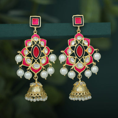 Sukkhi Gleaming Pearl Gold Plated Kundan Meenakari Jhumki Earring For Women