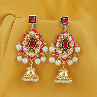 Sukkhi Gleaming Pearl Gold Plated Kundan Meenakari Jhumki Earring For Women