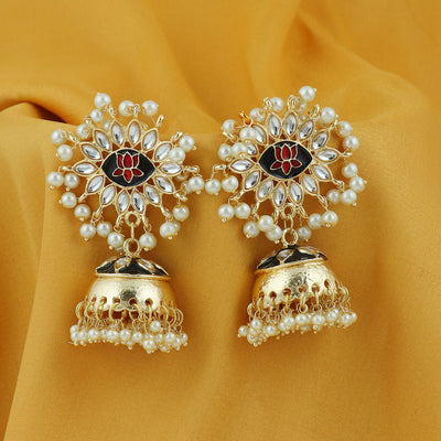 Sukkhi Designer Kundan Gold Plated Pearl Meenakari Jhumki Earring For Women