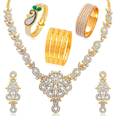 Sukkhi Glorious Gold Plated Pearl Peacock Meenakari Jewellery Combo for Women