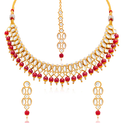 Sukkhi Astonish Gold Plated Maroon Pearl & Kundan Choker Necklace Set for Women