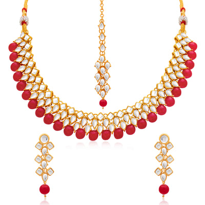 Sukkhi Lovely Gold Plated Red Pearl & Kundan Choker Necklace Set for Women