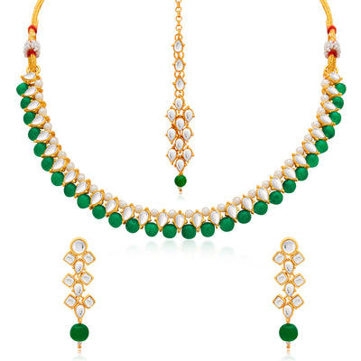 Sukkhi Delicate Gold Plated Green Pearl & Kundan Choker Necklace Set for Women