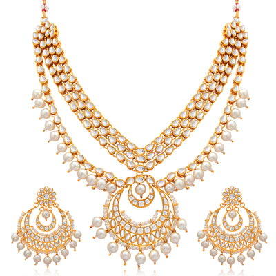 Sukkhi Glorious Gold Plated Pearl & Kundan Multi-String Necklace Set for Women