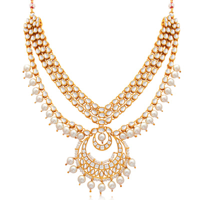 Sukkhi Glorious Gold Plated Pearl & Kundan Multi-String Necklace Set for Women