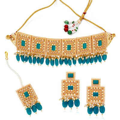 Sukkhi Classy LCT Gold Plated Blue Pearl Choker Necklace Set for Women