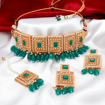 Sukkhi Classy LCT Gold Plated Blue Pearl Choker Necklace Set for Women