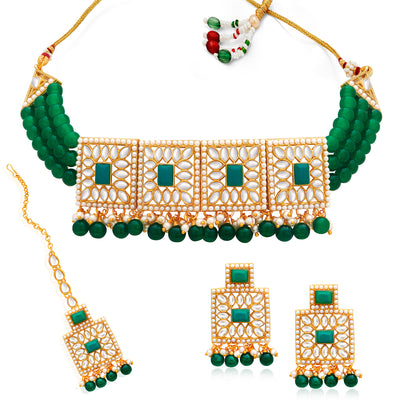 Sukkhi Delightful Gold Plated Green Pearl & Kundan Choker Necklace Set for Women