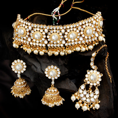 Sukkhi Glittery Gold Plated Pearl & Kundan Choker Necklace Set for Women