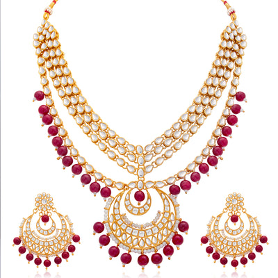 Sukkhi Glorious Gold Plated Pearl & Kundan Multi-String Necklace Set for Women