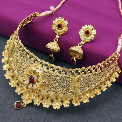 Sukkhi Floral 24 Carat Gold Plated Choker Necklace Set for Women