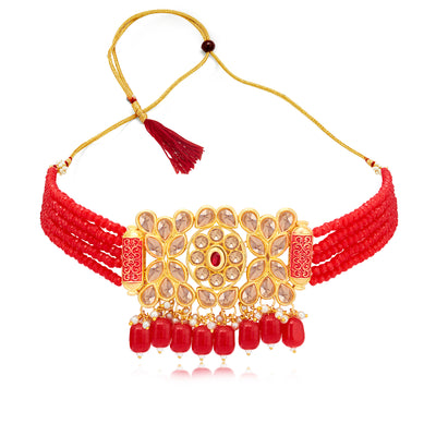 Sukkhi Modish Kundan Gold Platee Pearl Choker Necklace Set for Women