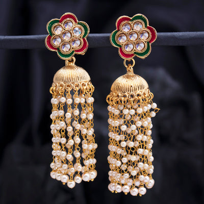 Sukkhi Glorious Pearl Gold Plated Floral Meenakari Chandelier Earring for Women