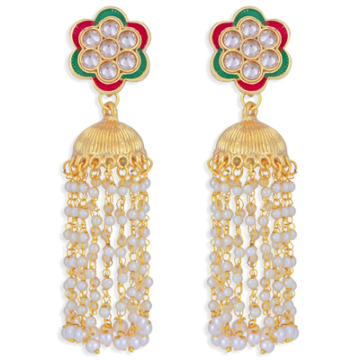 Sukkhi Glorious Pearl Gold Plated Floral Meenakari Chandelier Earring for Women