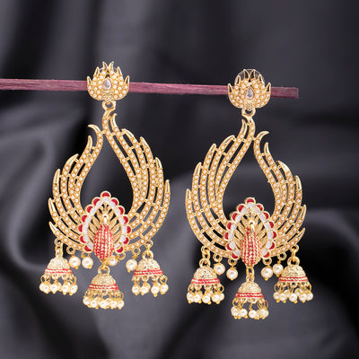 Sukkhi Lavish Pearl Gold Plated Peacock Meenakari Chandelier Earring for Women