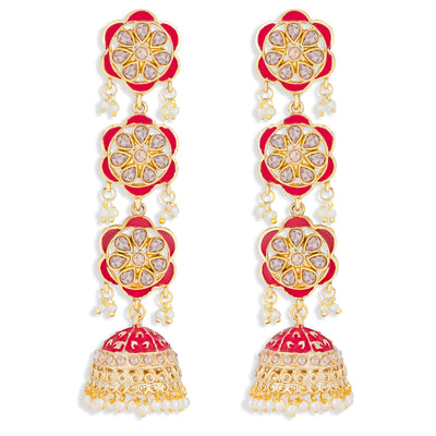 Sukkhi Dazzling Pearl Gold Plated Floral Meenakari Chandelier Earring for Women