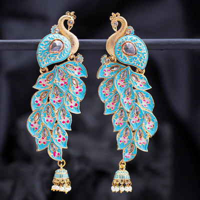 Sukkhi Charming Kundan Gold Plated Peacock Meenakari Chandelier Earring for Women