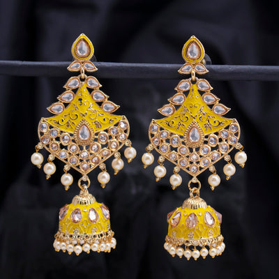 Sukkhi Marvelous Pearl Gold Plated Kundan Meenakari Jhumki Earring for Women