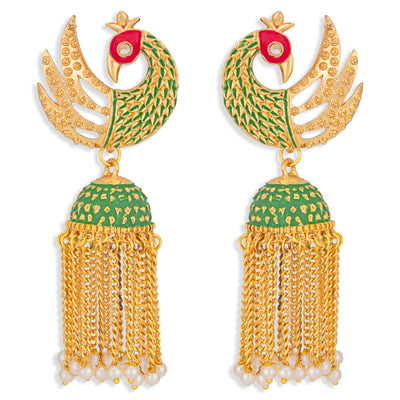 Sukkhi Incrediable Pearl Gold Plated Peacock Meenakari Jhumki Earring for Women