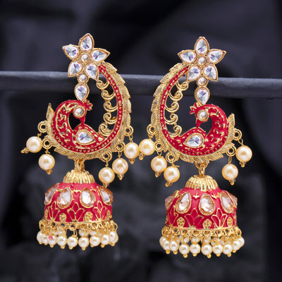 Sukkhi Lovely Pearl Gold Plated Peacock Meenakari Jhumki Earring for Women