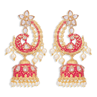 Sukkhi Lovely Pearl Gold Plated Peacock Meenakari Jhumki Earring for Women