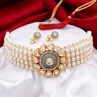 Sukkhi Amazing Gold Plated Kundan & Pearl Choker Necklace Set for Women