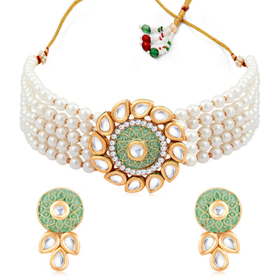 Sukkhi Glorious Gold Plated Kundan & Pearl Choker Necklace Set for Women