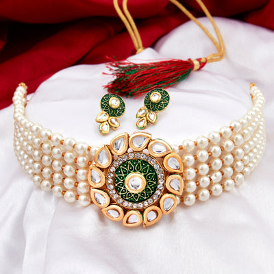 Sukkhi Exclusive Gold Plated Kundan & Pearl Choker Necklace Set for Women