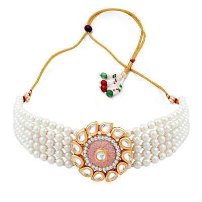 Sukkhi Glossy Gold Plated Kundan & Pearl Choker Necklace Set for Women