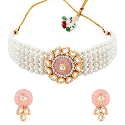 Sukkhi Glossy Gold Plated Kundan & Pearl Choker Necklace Set for Women