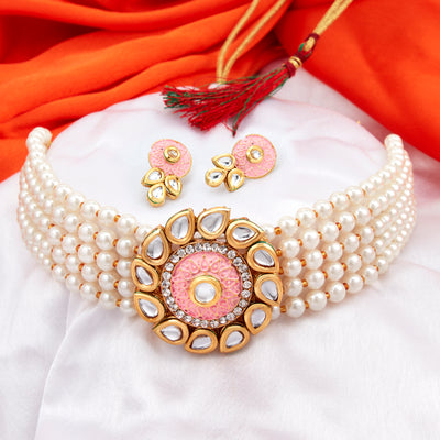 Sukkhi Glossy Gold Plated Kundan & Pearl Choker Necklace Set for Women