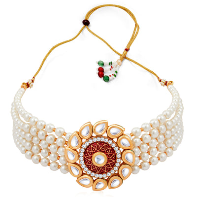 Sukkhi Classic Gold Plated Kundan & Pearl Choker Necklace Set for Women