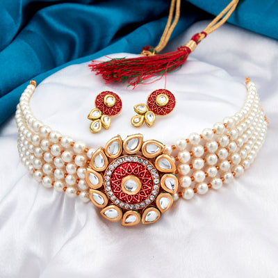 Sukkhi Classic Gold Plated Kundan & Pearl Choker Necklace Set for Women